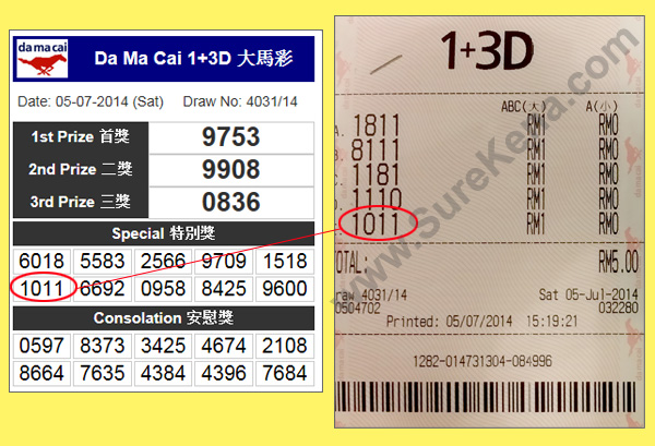 Damacai 4D Result - 5 July 2014
