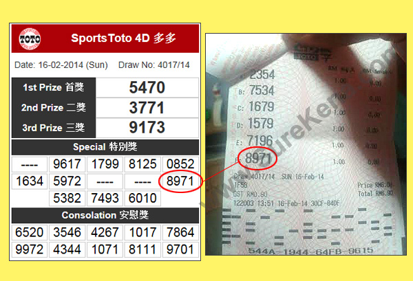 Toto 4D Result - 16 February 2014