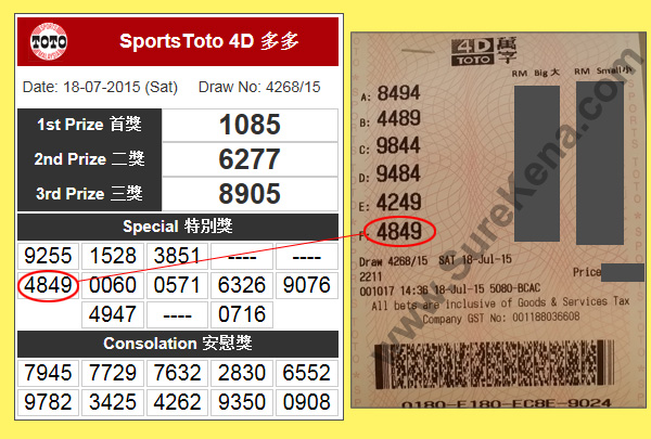 Toto 4D Result - 18 July 2015