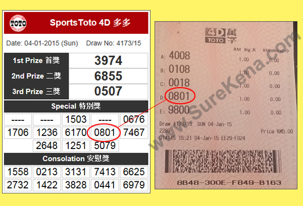 Toto 4D Result - 4 January 2015