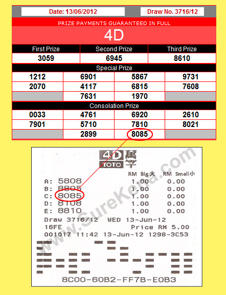 Toto 4D Result - 13 June 2012