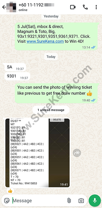 whatsapp lottery 4d win ticket