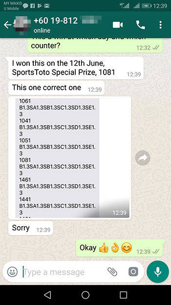 whatsapp lottery 4d win ticket