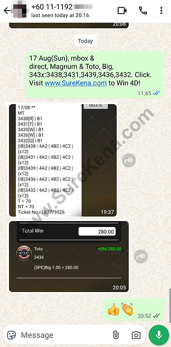 whatsapp lottery 4d win ticket